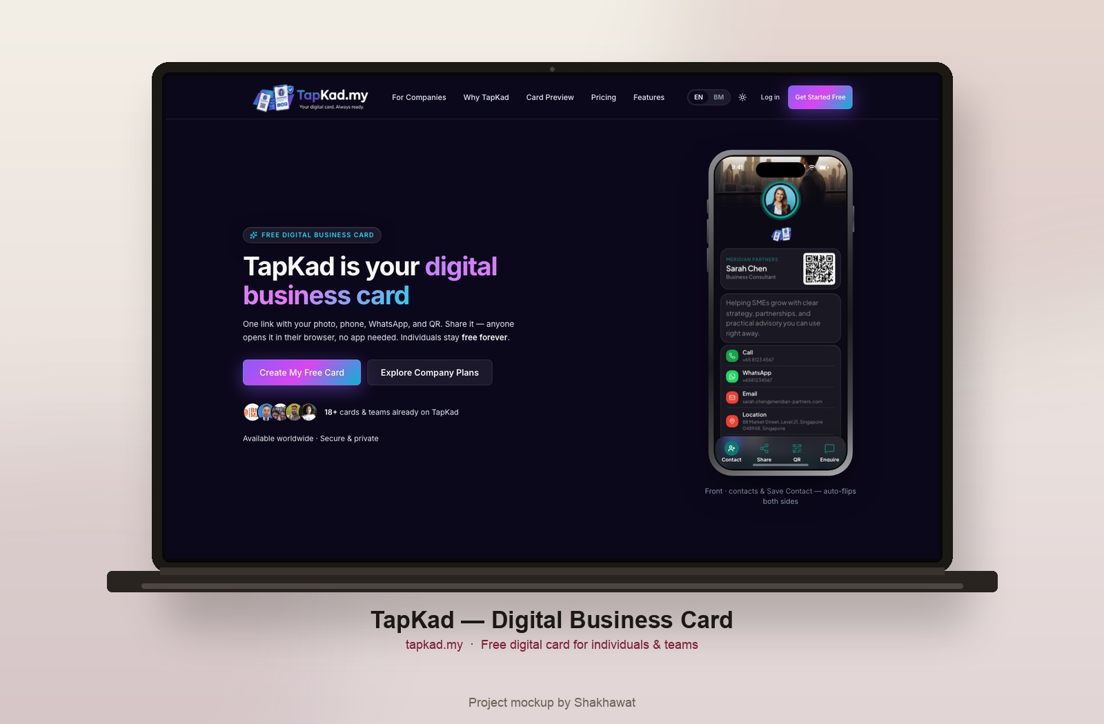 TapKad digital business card platform on desktop
